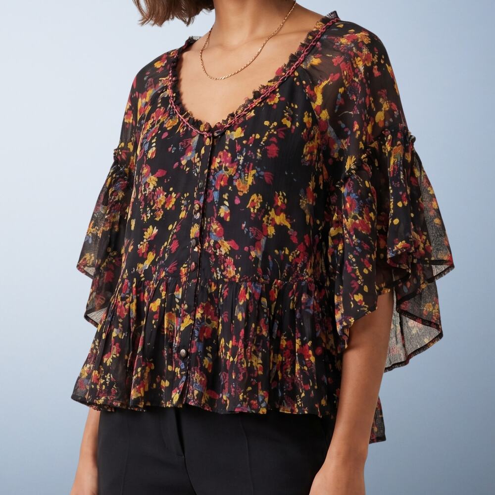 Free People Floral Boho Babydoll Peplum Top Flutter Sleeve Black Multi Medium